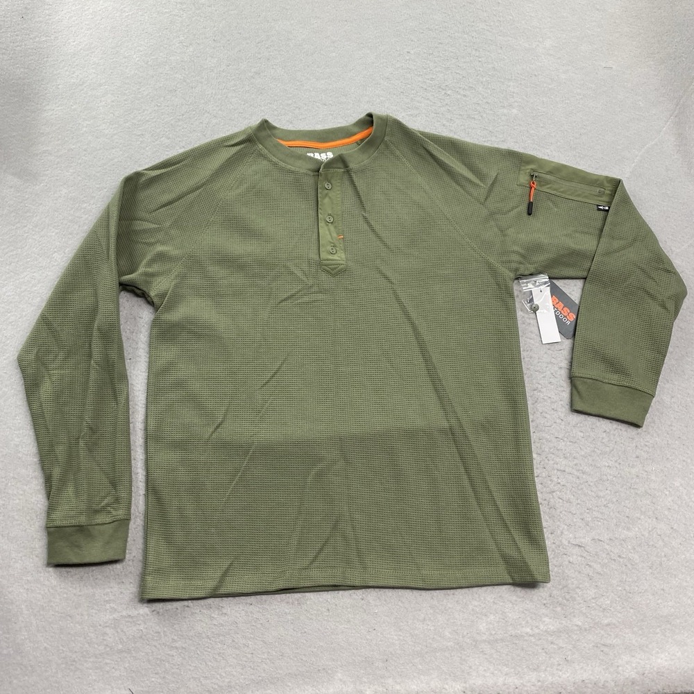Bass Outdoor Shirt Mens Small Green Waffle Knit Henley Pocket Heavyweight